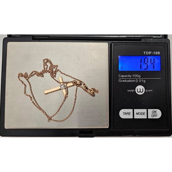 10K Yellow Gold, Diamond Chip Cross Pendant Vintage Chain Necklace 18.5" L, L542 - Picture 11 of 12